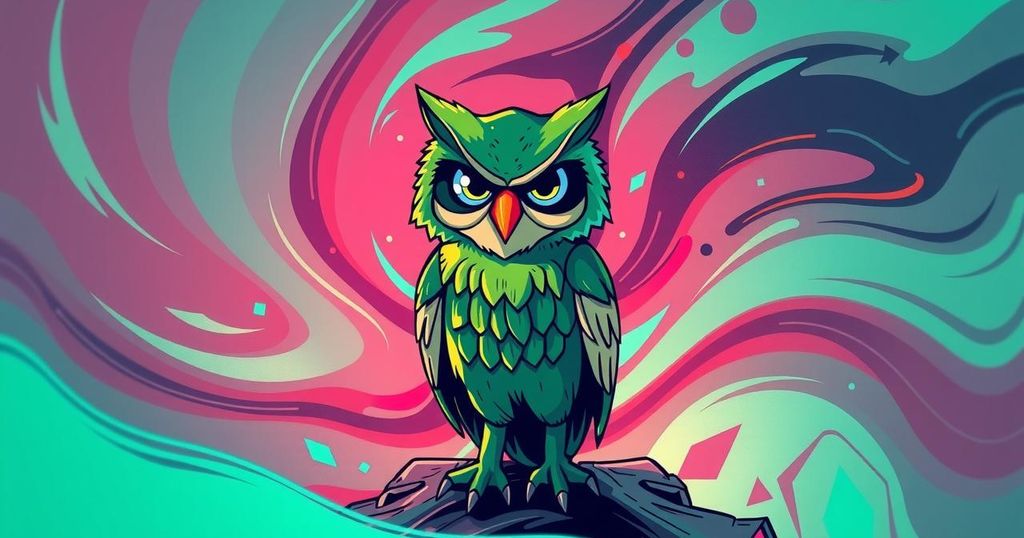 An illustration depicting resistance against AI automation, featuring a green owl mascot, contrasting colors.