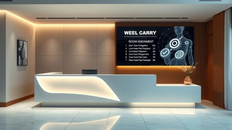 A modern hotel front desk area featuring advanced technology and an AI interface, accentuated by warm lighting.