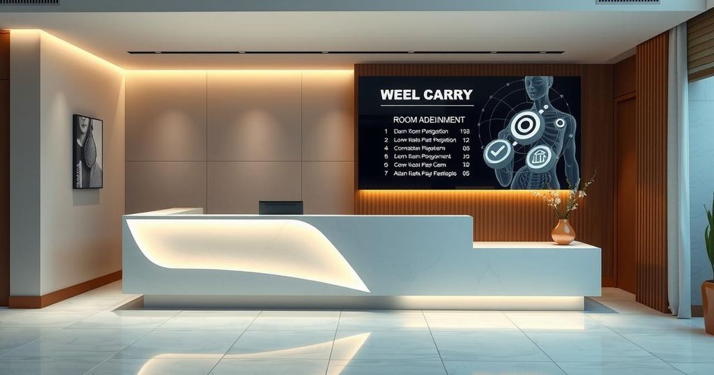 A modern hotel front desk area featuring advanced technology and an AI interface, accentuated by warm lighting.
