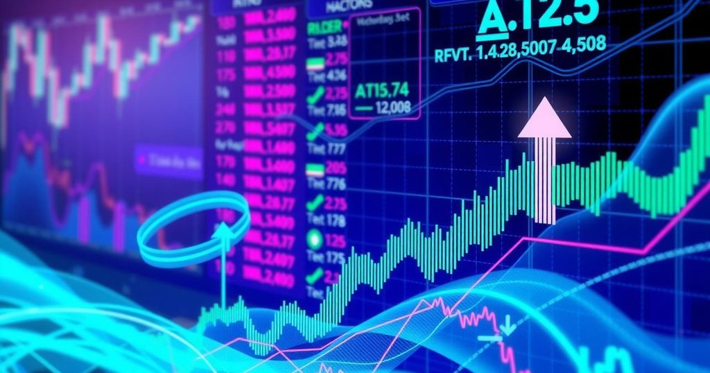 Colorful graphic representation of rising AI tokens inspired by tech equity trends and trading patterns.