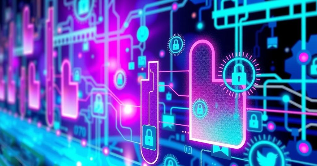 A collage of vibrant colors featuring AI-generated images, digital barriers, and tech-themed visuals, symbolizing online protection.
