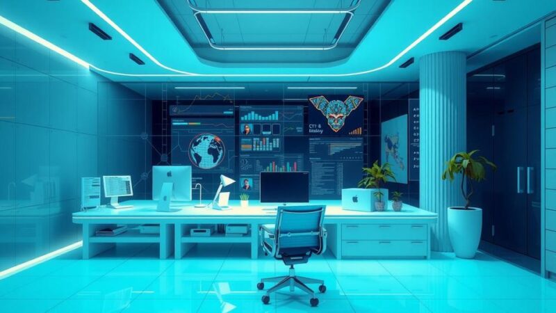 A futuristic office with AI technology, minimalistic design, and vibrant color schemes, illustrating the impact of AI on jobs.