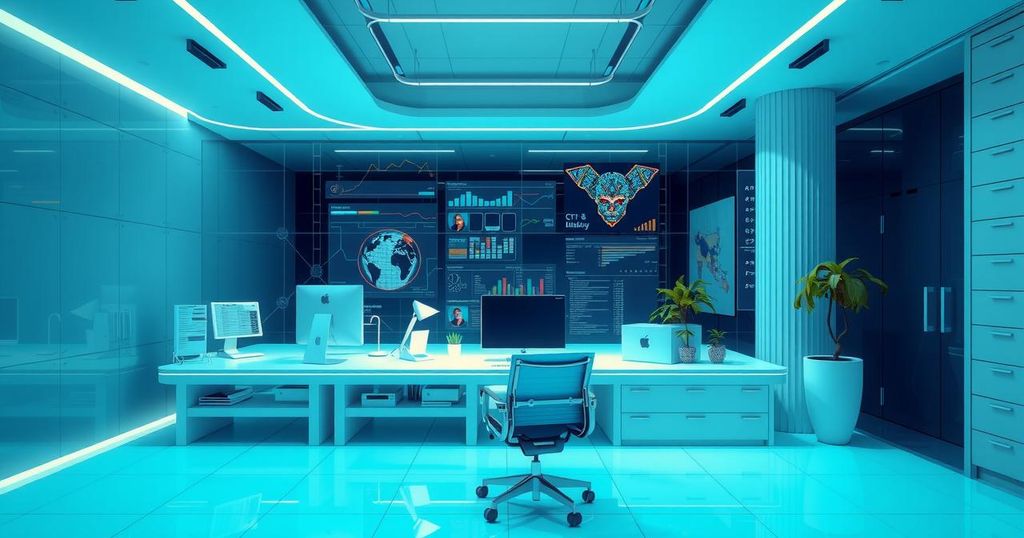 A futuristic office with AI technology, minimalistic design, and vibrant color schemes, illustrating the impact of AI on jobs.