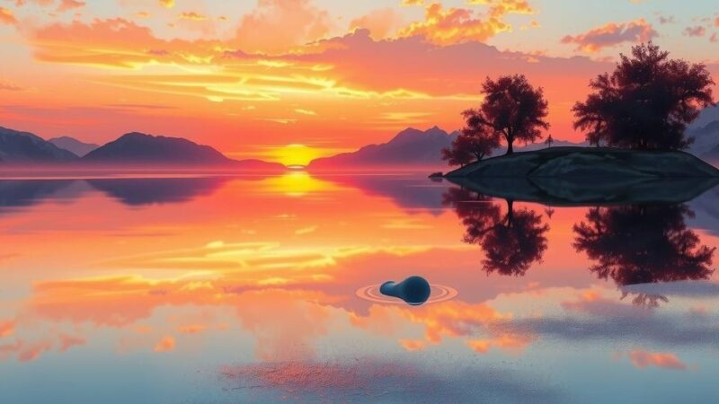 A serene landscape depicting a sunset over a calm lake, symbolizing balance between AI potential and risks.