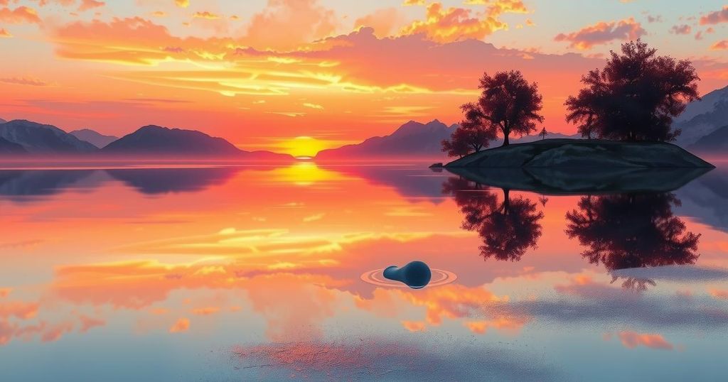 A serene landscape depicting a sunset over a calm lake, symbolizing balance between AI potential and risks.