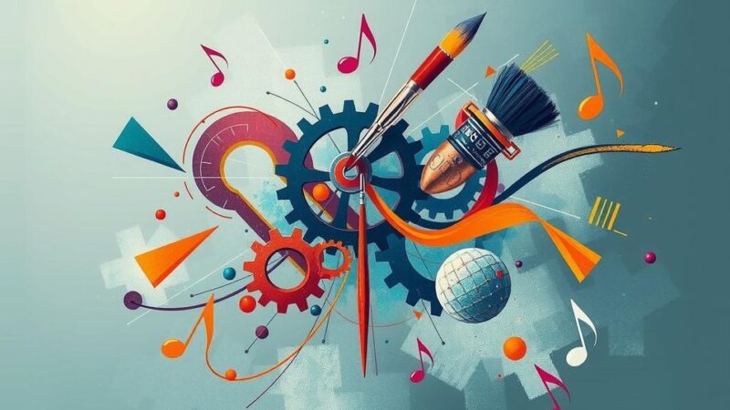 A symbolic representation of AI and copyright conflict with gears, paintbrushes, and musical notes against a digital backdrop.
