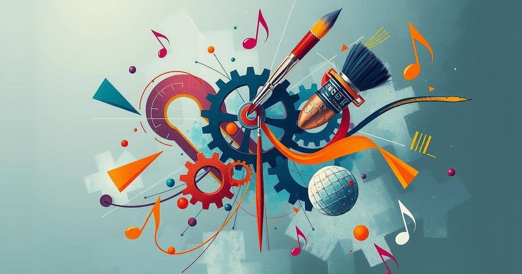 A symbolic representation of AI and copyright conflict with gears, paintbrushes, and musical notes against a digital backdrop.