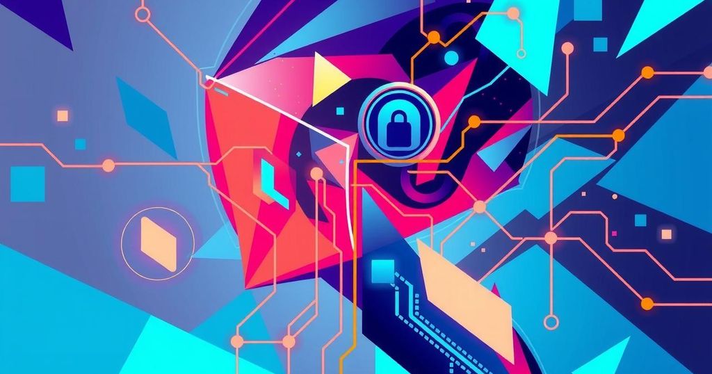 Colorful abstract illustration showing digital privacy concerns in AI interactions with hints of technology and security themes.