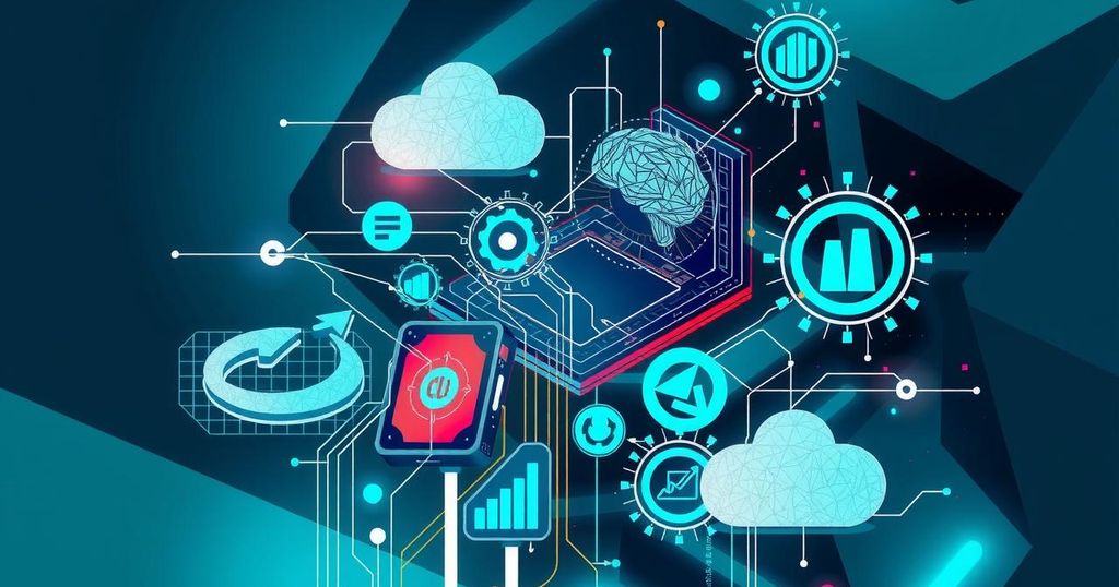 A collage of futuristic technology symbols representing the AI boom, including microchips, cloud services, and data analytics.