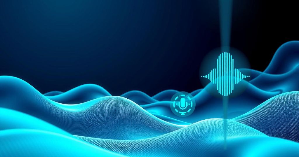 A digital representation of voice AI technology with sound waves, emphasizing innovation and growth in tech.