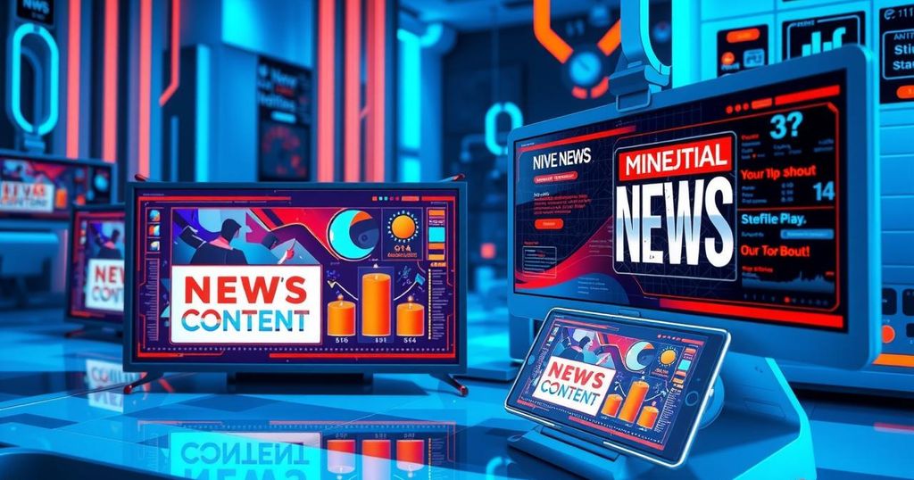 A digital artwork depicting AI technology creating false news, with abstract screens showing misleading visuals and bright colors.