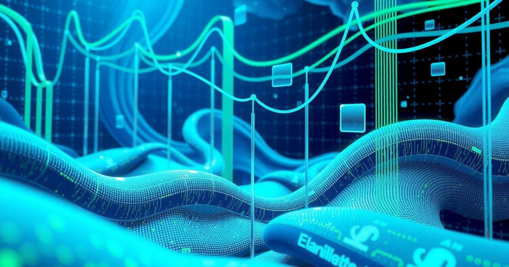 A futuristic digital landscape showing artificial intelligence and software growth in tech, with vibrant blue and green tones.