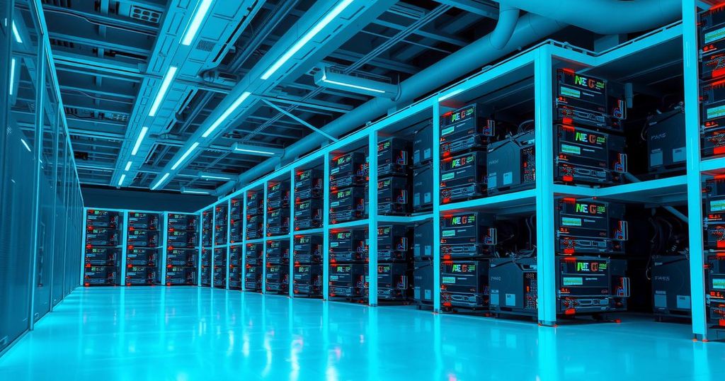 A futuristic AI data center displaying sleek GPUs and advanced technology in a vibrant color scheme.