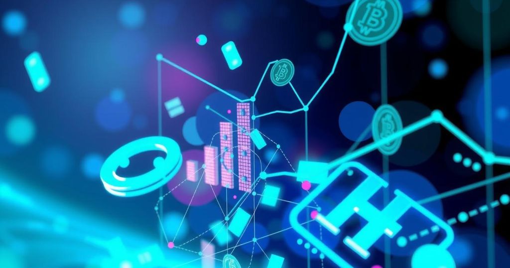 Abstract digital theme showcasing cryptocurrency with vibrant colors and blockchain elements.