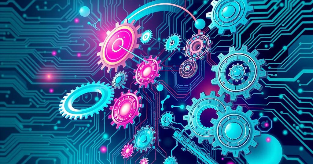 An abstract representation of AI technology with gears and circuits in a modern colorful design.