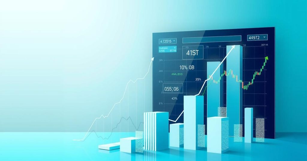 Stock market trend showing AI stocks like Amplitude and Upstart rising with graphs and charts in calming colors.