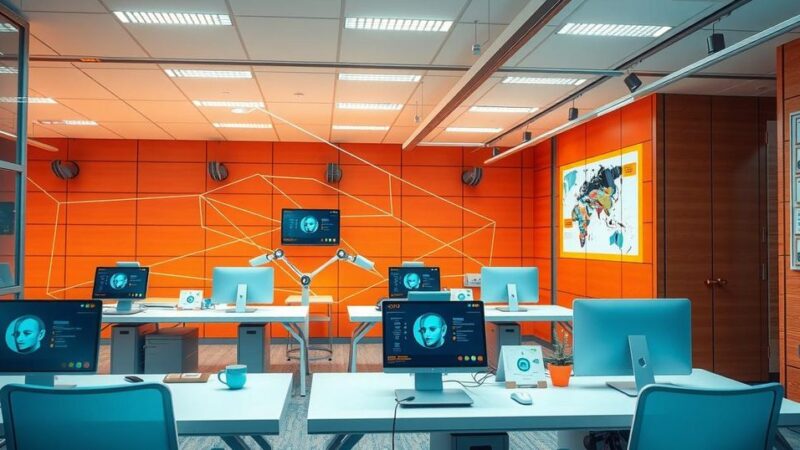 A futuristic office showcasing collaborative AI technology transforming business automation with empathy, in warm colors.