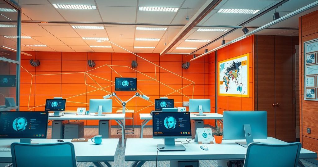 A futuristic office showcasing collaborative AI technology transforming business automation with empathy, in warm colors.