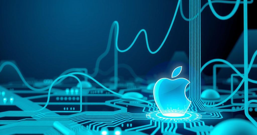 A digital concept of artificial intelligence represented by interconnected circuits and a glowing apple logo.