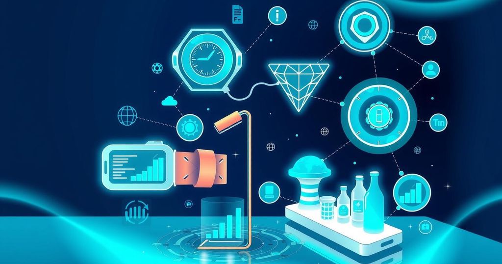 A digital ecosystem featuring AI technology in restaurant management with bright colors and tech-inspired design.