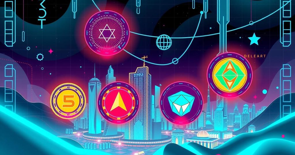 A vibrant digital landscape showcasing four crypto coins with interconnected blockchains and technology elements.