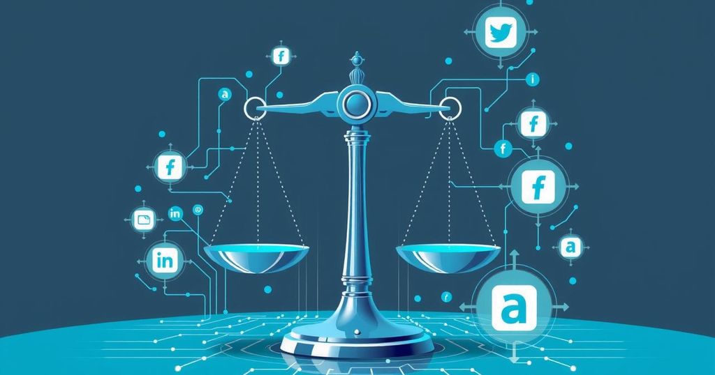 A conceptual illustration of AI and social media regulation featuring balanced scales and digital elements in blue and gray.