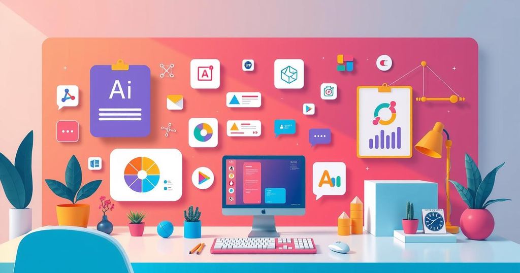 Colorful digital workspace showcasing AI features and tools for productivity enhancements.