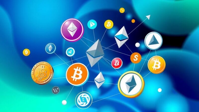 A digital representation of various cryptocurrencies symbolizing market trends and tech evolution in a modern art style.