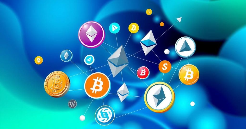 A digital representation of various cryptocurrencies symbolizing market trends and tech evolution in a modern art style.