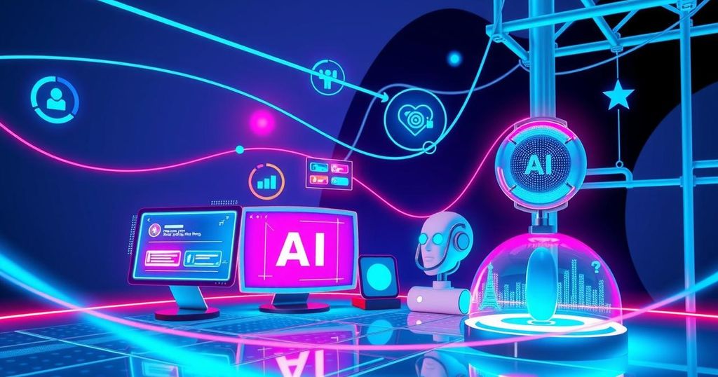 Vibrant digital landscape showcasing AI integration, featuring smart devices and abstract tech elements in a modern style.