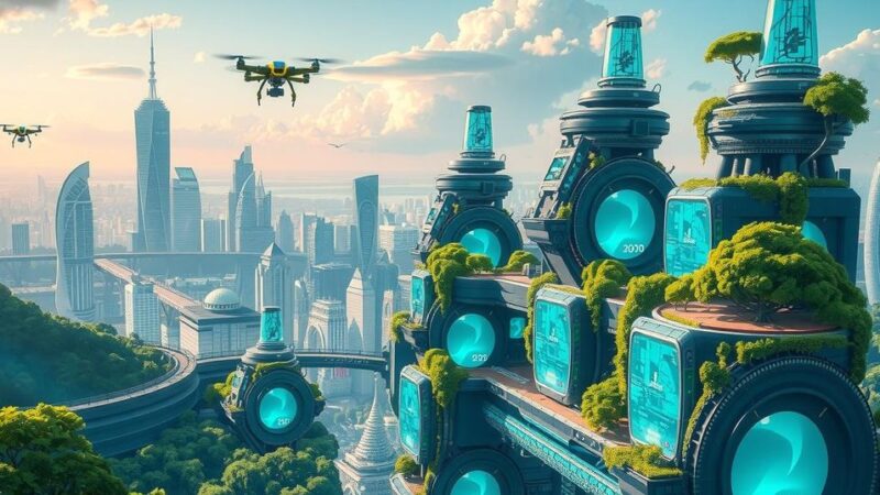Futuristic cityscape showcasing AI collaboration with technology for a positive future, featuring greenery and innovation.
