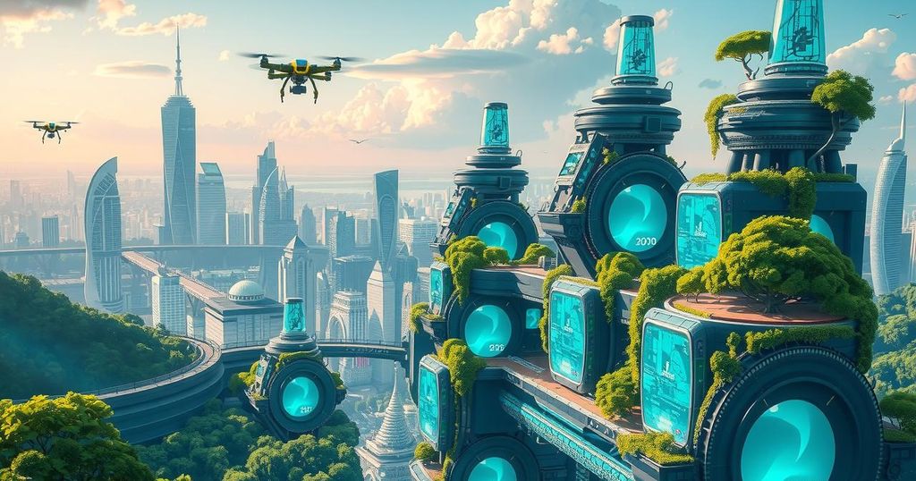 Futuristic cityscape showcasing AI collaboration with technology for a positive future, featuring greenery and innovation.