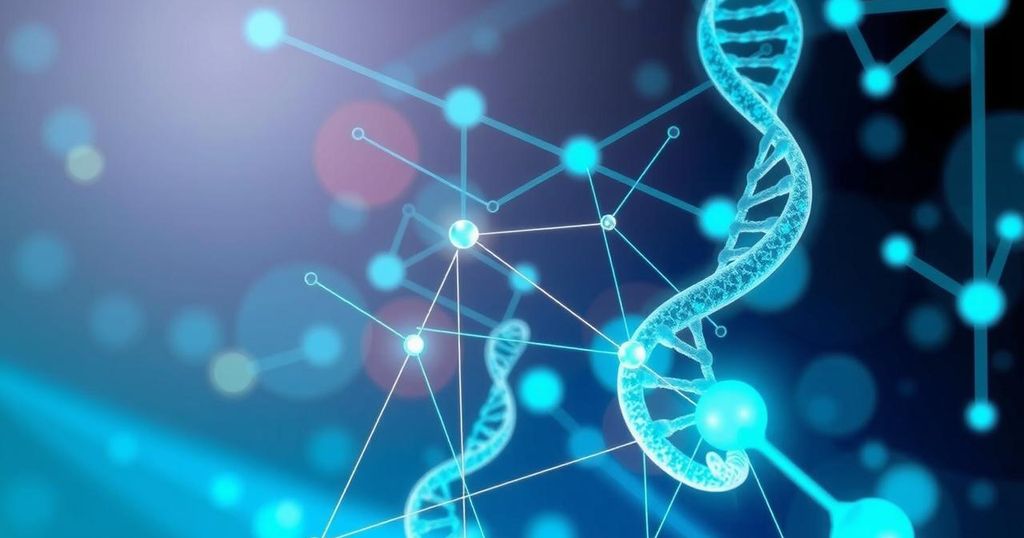 Illustration of artificial intelligence in oncology, combining data analysis and precision therapy concepts in a vibrant setting.