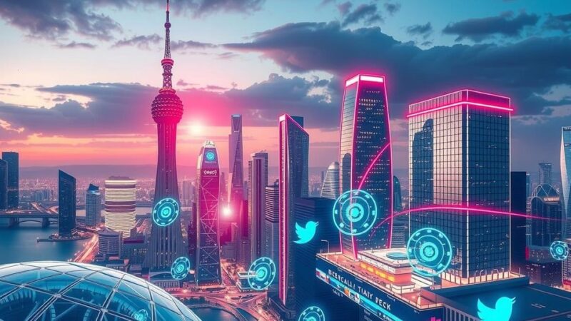A futuristic city skyline with digital technology elements and vibrant colors representing AI and social media regulation.
