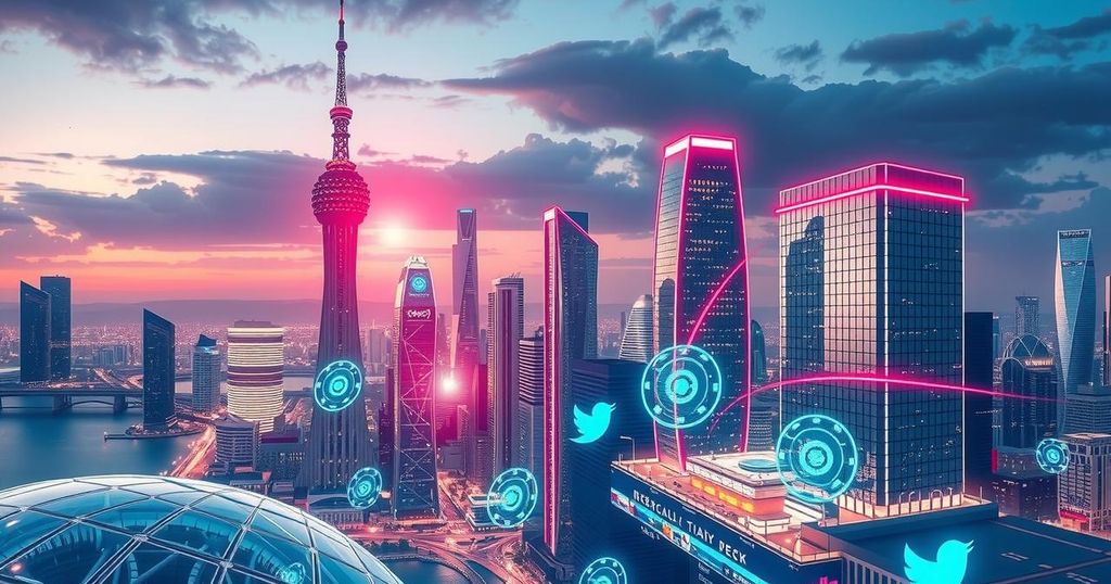 A futuristic city skyline with digital technology elements and vibrant colors representing AI and social media regulation.