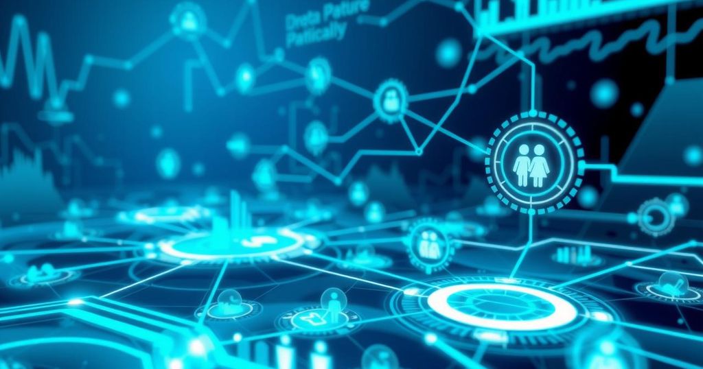 A digital healthcare landscape showcasing AI and data integration for precision care and improved patient outcomes.