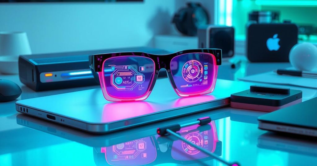 Modern smart glasses surrounded by technology, showcasing AI capabilities, in a minimalist style with bright colors.