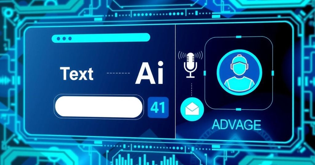 A vibrant digital interface showcasing advanced AI technology and multimodal interactions with icons for text, voice, and images.