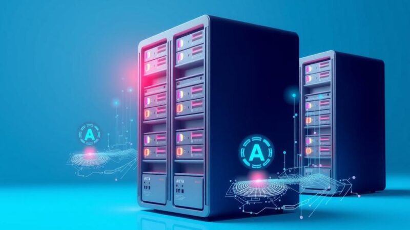 Data management and AI representation with sleek server stacks surrounded by blue tones and digital abstract elements.