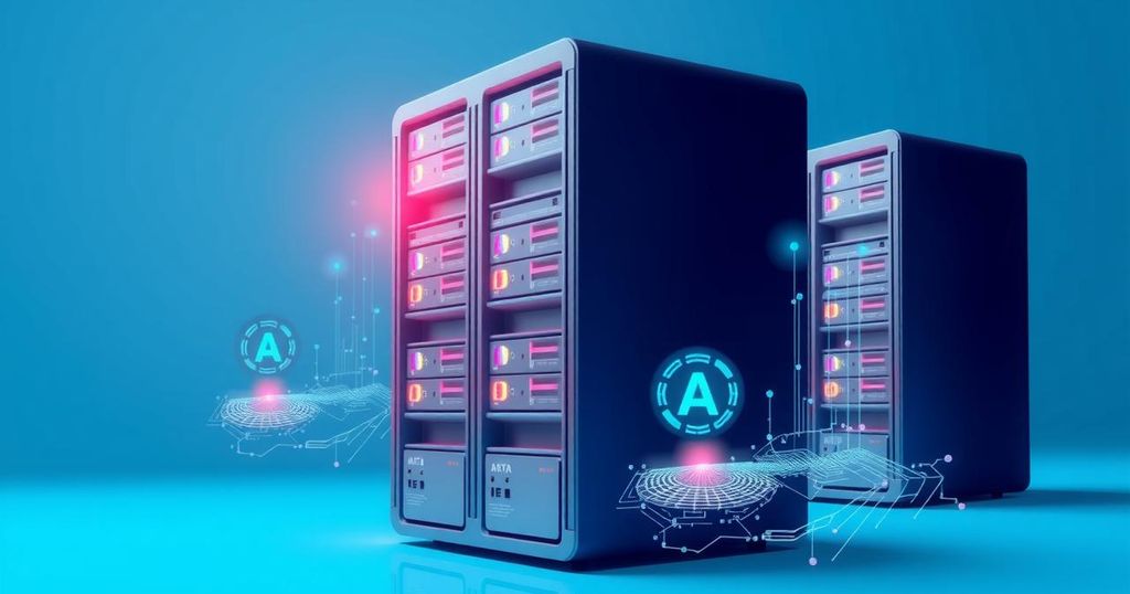 Data management and AI representation with sleek server stacks surrounded by blue tones and digital abstract elements.