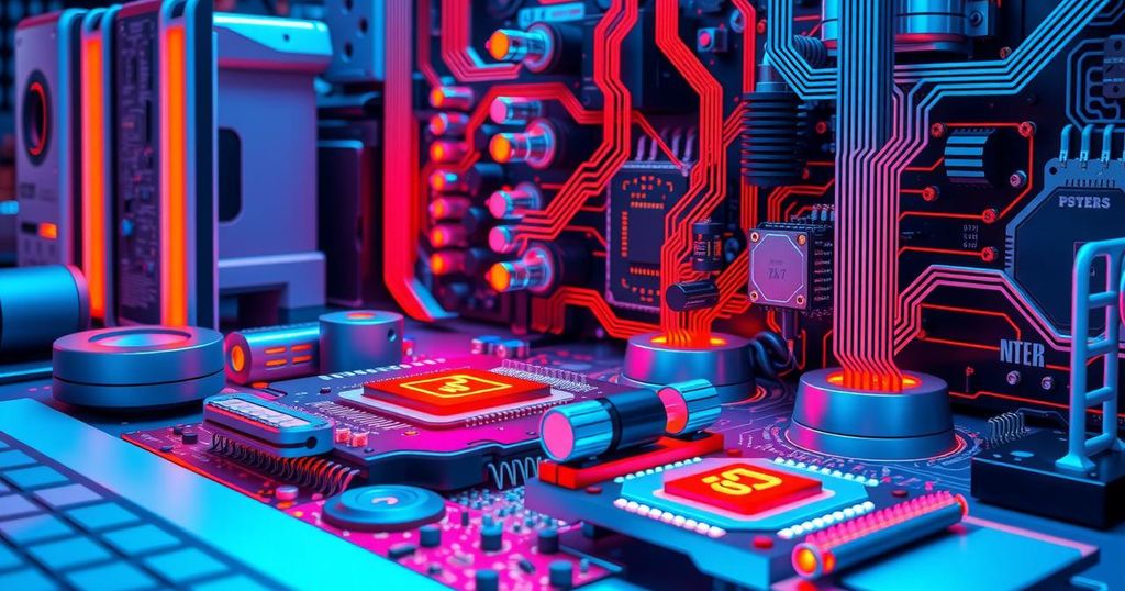 A futuristic chip design workspace with electronic components, AI elements, and vibrant blue and orange colors.