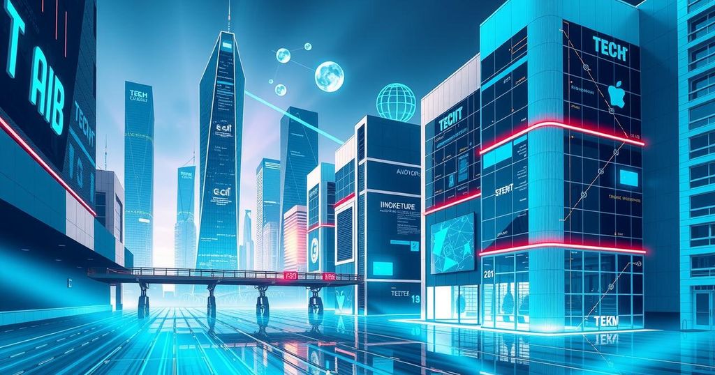 A stylized illustration of a dynamic tech hub representing innovation and AI advancements, featuring modern architecture in vibrant blues and greens.