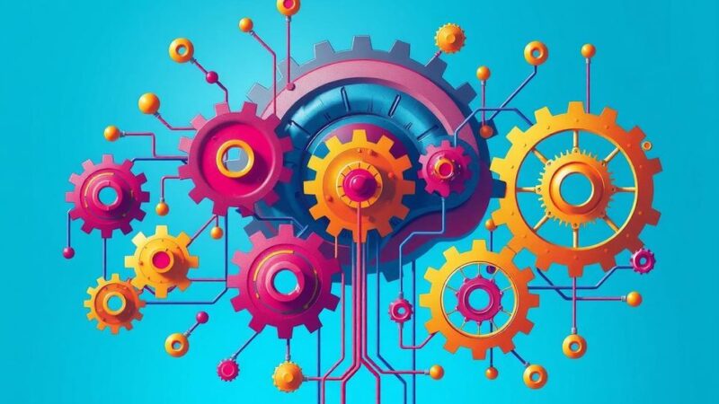 A digital representation of artificial intelligence symbols against a vibrant blue background.