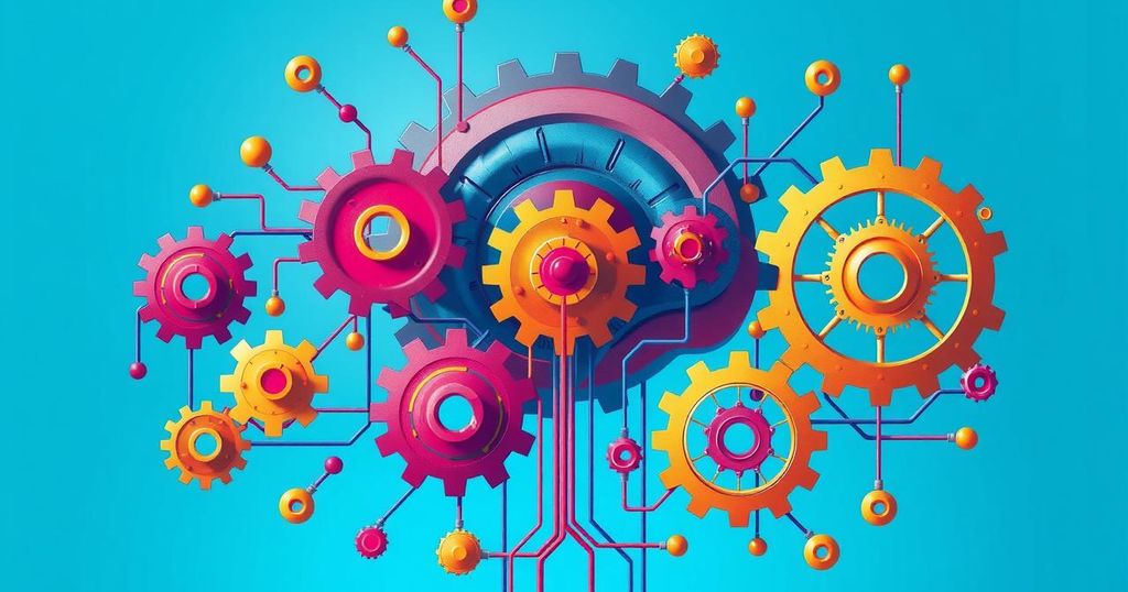 A digital representation of artificial intelligence symbols against a vibrant blue background.