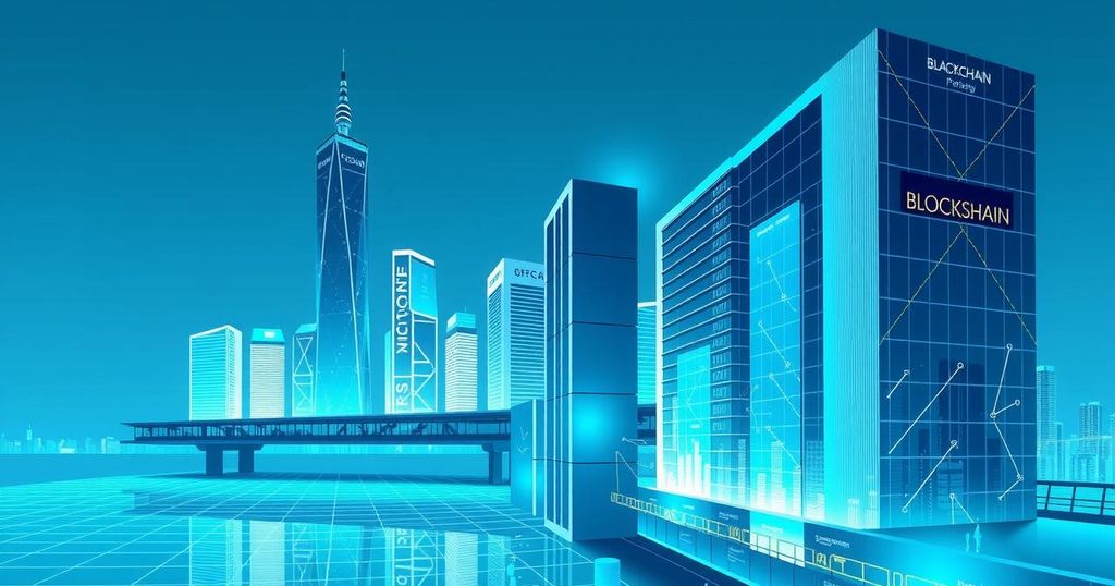 A conceptual digital landscape representing blockchain technology with modern architectural elements and cool tones.
