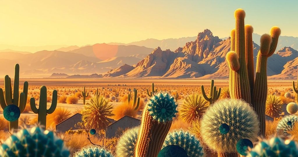 A vibrant desert landscape in Coachella Valley featuring AI technology elements and community engagement, warm color palette.