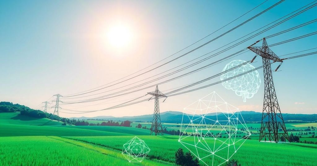 A conceptual image illustrating energy and technology growth, featuring power lines and abstract AI elements.