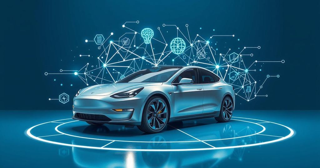 A futuristic Tesla electric vehicle surrounded by abstract AI technology symbols and robotics, showcasing innovation.