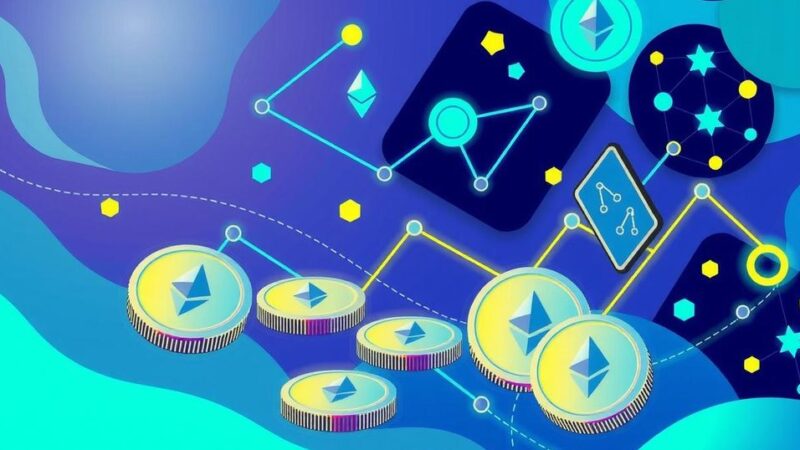 Illustration of a digital currency exchange, featuring Ethereum coins and blockchain architecture in a colorful, modern style.