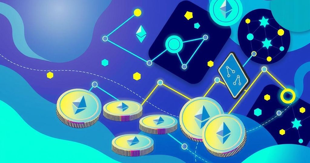 Illustration of a digital currency exchange, featuring Ethereum coins and blockchain architecture in a colorful, modern style.